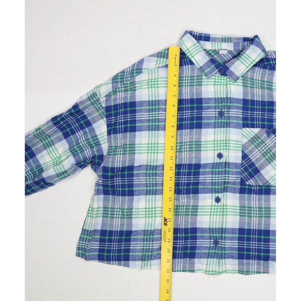 Old Navy Flannel Pajama Shirt Youth XL Blue Green Plaid Lounge Sleep Top